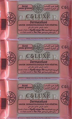 3 Savons Dermaceluxe, anti acné, à l'huile de nigelle BIO et tea tree 100% végétal: peaux grasses et acnéiques, antibactérien, antifongique :lot de 3 savons de 100 gr.