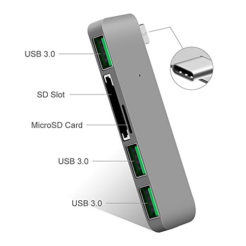 5 in 1 Typ C Combo Hub, Cymall MacBook USB Hub, USB-C zum Micro USB Adapter, Daten Synchronisierung, Universal Type C Hub mit 2 Kartenlesern und 3 USB 3.0 Port Adapter für MacBook 12 Zoll, ChromeBook Pixel, Nexus 5X, Nexus 6P, alle Typ C Kabel unterstützte Gerät(Grau) - 4