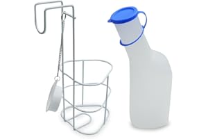 EMYU Set Urinflasche und Halterung für Männer | Set aus 2 Teilen – 1000 ml PP-Urinflasche mit Deckel & Betthalterung – Mit Messlinien, Wiederverwendbar, Ideal für Krankenbett