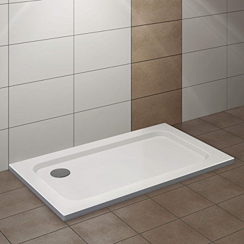 Vilstein© Plato de ducha, muy plano, con pendiente, acrílico sanitario, fibra de vidrio reforzada, conector DIN, forma cuadrada, Color blanco, Blanco nieve, Brillante
