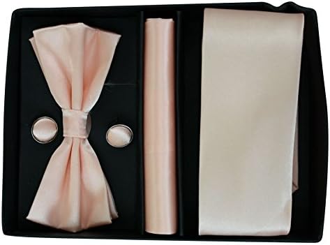 Mens Satin Silk Tie Bow Cuff links Hankie Gift Set Necktie Plain Wedding Classic - Peach, ONE-SIZE