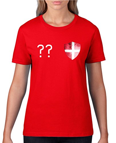 Comedy Shirts – Dänemark Trikot – Wappen: Klein – Wunsch – Damen T-Shirt – Rot / Weiss Gr. S