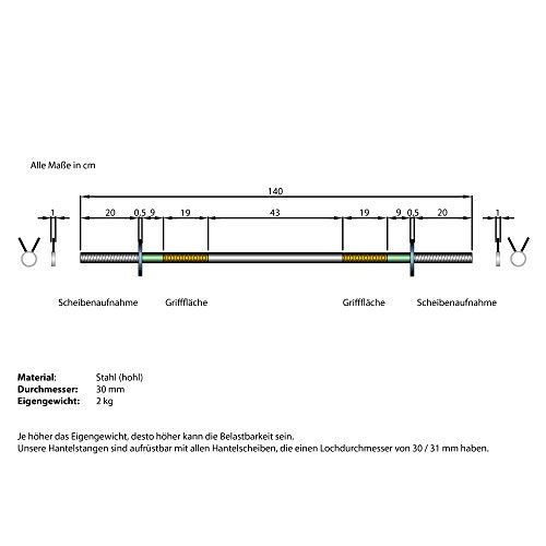 ScSPORTS Langhantelstange 140 cm Durchmesser 30 mm mit Schnellverschlüssen Gewicht 2 kg Langhantel Hantelstange - 3