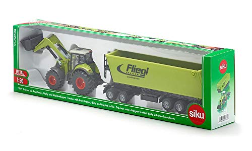 SIKU 1949, Claas Axion Traktor mit Frontlader, Dolly und Muldenkipper, 1:50, Metall/Kunststoff, Grün, Bewegliche Schaufel und Frontlader-Schwinge, Kippbare Mulde - 7