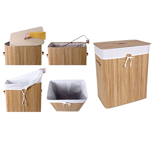 Songmics faltbar Bambus Wäschekorb 100 L (62,5 x 52 x 32 cm) Wäschebox mit Wäschesack zum Herausnehmen natur LCB63Y - 6