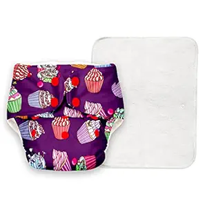 superbottoms Basic Certified Cupcake Print Soft Fleece Lined Pocket Diaper with 1 Wet Insert with Snaps (One Size Adjustable , 4 Sizes in 1, 5-17 kg)