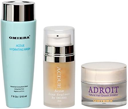 Omiera Acdue Acne Scar Treatment, Acne Treatment Cream, Acne Cleanser & Adroit Facial Hair Inhibitor Cream for Treatment of Ingrown Hairs Set, 3 Pieces