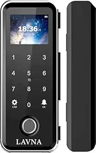LAVNA RFID Fingerprint Glass Door Lock with Remote (Standard Size, Silver and Black).