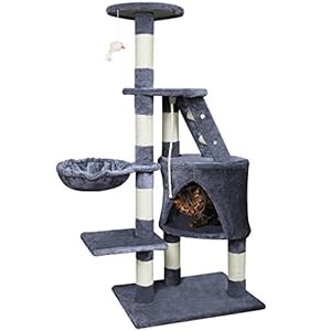 Wellhome Arbol para Gatos Escalador para Gatos Sisal Cubierto Rascador para Gatos con Hamaca Plataforma de Perchas y Juguete Ratón 120cm Gris