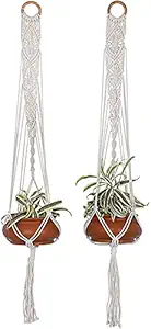 Top Knot Macrame Woven Plant Hanger -Boho Chic Plant Hanging Planter Holder Stand for Flower Pots Vases Indoor Outdoor Art D