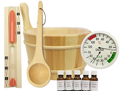 Sauna Set 10 teilig - Saunaufguss Saunakübel Saunakelle Sanduhr Thermohygrometer Saunazubehör