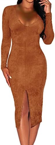 Valin women Brown Mocha Faux Suede Long Sleeves Slit Dress,ONE SIZE