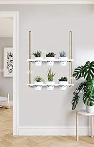 VAH- Kya Bat Hai !! Wood Hanging Planter Shelf Plant Hanger Flower Pot Rack with Rope Home Decor Hanging Planter-Plant Stand-Vertical Planter-Planter Rack (2 Tier Pot, White) (VAHPH011-A)