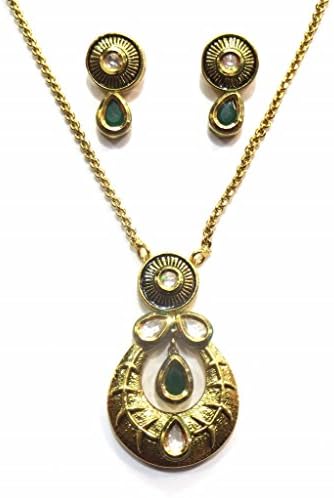 Jewelshingar Jewellery Antique Gold Plated Fine Polki Kundan Pendant Set For Girls ( 17516-acs-green )
