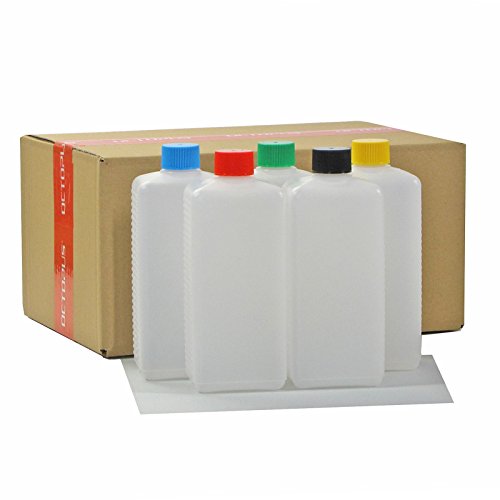 5 x 500 ml Octopus Kunststoffflaschen, HDPE Plastikflaschen mit bunten Schraubverschlüssen, Leerflaschen mit farbigen Schraubdeckeln, Vierkantflaschen inkl. 5 Beschriftungsetiketten