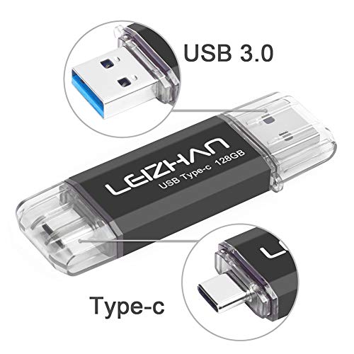 LEIZHAN Memoria USB Tipo C 128GB,Flash Drive USB 3.0 OTG para Samsung S9,Huawei,Portátil,Teléfono y Otras Dispositivos USB o Tipo C-Negro