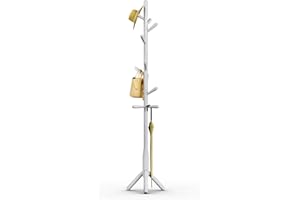 Awatiwa Solid Wood Coat Rack, Freestanding Tree-Shaped Coat Rack with 11 Hooks, Main Pole 1.6" dia (3-Leg Base, White)