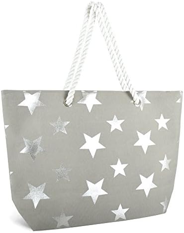 IUEG Womens Beach Bag Shoulder Tote Bag Reusable Beach Holiday Metallic or Canvas Summer Handbag (Grey - Multi Stars)