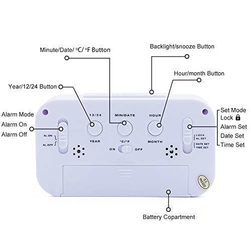 Ankoda® batteriebetriebener LED Digital-Wecker mit extra großem Display, Snooze, Datumsanzeige, Temperatur und Sensor Licht (weiß) - 4