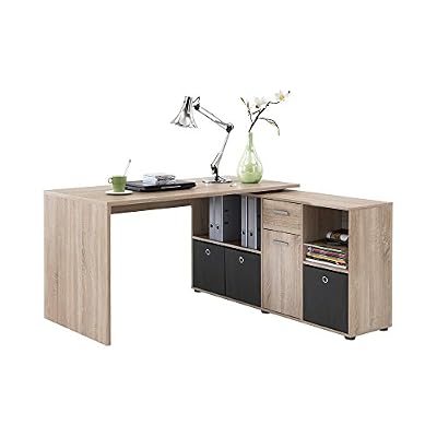 Sofactory FMD 353-001_ei Lex Bureau Angulaire Réversible avec Quatre Compartiments Ouverts et Porte/Tiroir Bois Chêne 66,5 x 136 x 74 cm