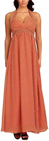 Long Evening Dress Empire Gown Halterneck Sleeveless Pin Stripe Red Cream Size 12