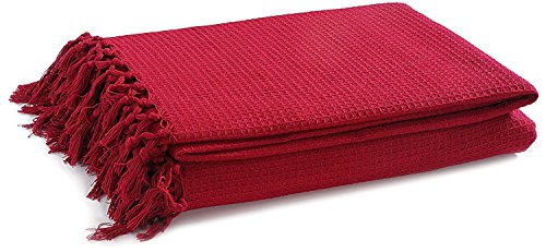EHC 179 x 254 cm 100 Percent Cotton Waffle Large 2 Seater Sofa or Double Bed Throw, Wine