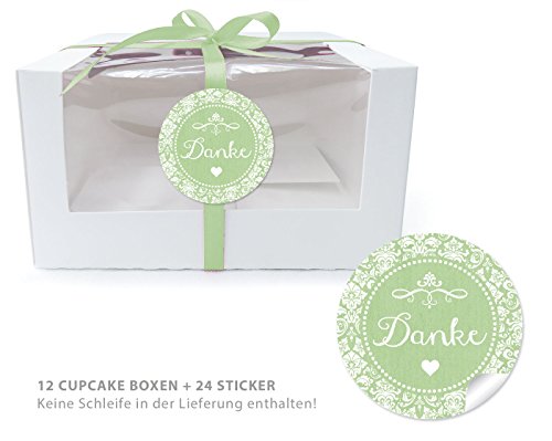 12 CUPCAKE PATISSERIE BIO BOXEN + 24 AUFKLEBER: 12 Geschenk-Boxen mit Sichtfenster (Muffin Box/ Gift Box / Schachtel / Aufbewahrungsbox) und 24 Aufkleber "DANKE" GRÜN mit Ornamente im "Packpapier-Look" • Optimal für selbstgemachtes Weihnachtsgebäck, Schokolade, Hochzeitsmandeln Weihnachtsgeschenke, Gastgeschenk zur Hochzeit und für viele weitere Anlässe: Taufe, Geburtstag, Muttertag, Ostern, Danksagungen • Flach liegend geliefert, faltbar • Format: Länge 13cm x Breite 11cm x Höhe 8cm