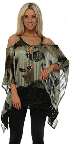 Just M Paris Green Graphic Print 3D Floral Hem Cold Shoulder Top One Size Green