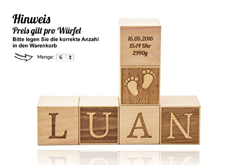 Namenswürfel / Babywürfel aus Buche mit Gravur 4 oder 6 cm Kantenlänge - Geschenk zur Geburt / Taufe (Preis pro Würfel)