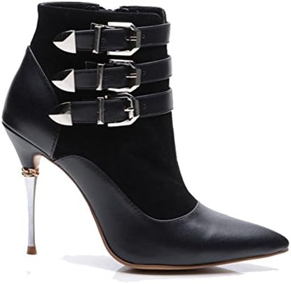 Women Short Boots Fashion Leather Thin High Heels Pointed Warm Metal Buckle Side Zipper Ankle Shoes . Black . 41