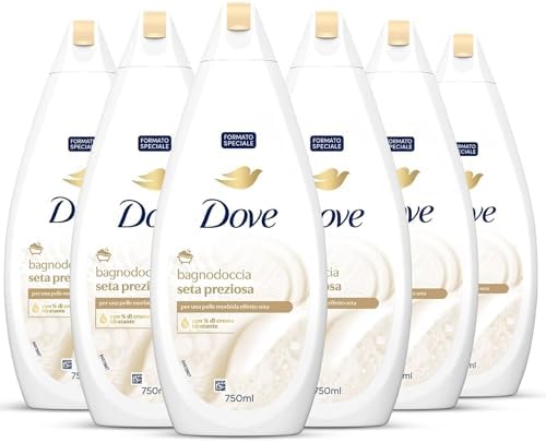 Dove Docciaschiuma Seta Preziosa, Formula con Idratante Dermo-Naturale, con 1/4 di Crema Idratante, Dermatologicamente Testato, Bagnoschiuma Uomo e Donna, 6x750ml
