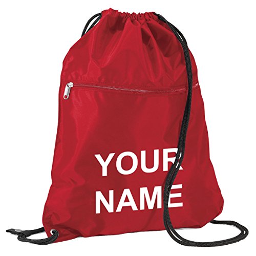 Large Senior School Childrens Kids PE Kit Gym Sack Book Bag With Name Printed On (Red with White Print)