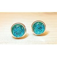 Ohrstecker silberfarben 8 mm – Glitzer türkis / blau – Cabochon / Glasversiegelung - Handmade