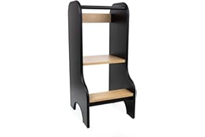 ‎H&F HEIMTEXTILIEN Lernturm Für Kinder Baby | Küchenhelfer Höhenverstellbar | Montessori Learning Tower | Kitchen Helper ab 1 Jahr aus naturholz | Farbe: Schwarz/Eichenimitat