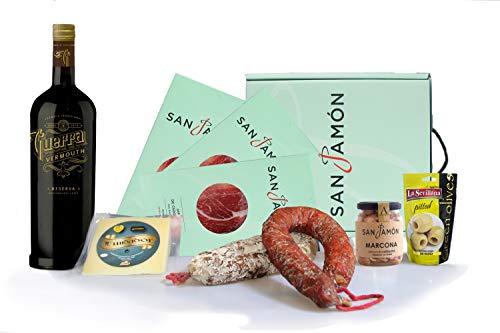 San Jamon Lote Vermut, Jamón Ibérico, Chorizo Ibérico, Salchichón Ibérico, Aceitunas, Almendra Marcona.