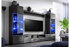 BIM Furniture Wohnwand MODIC 260 cm Anbauwand Wohnzimmer- Set Vitrine Lowboard schwarz Hochglanz LED