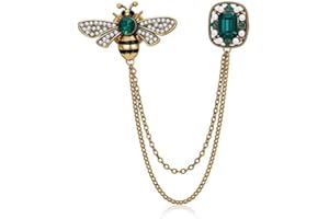ORCOW Bee Crystal Rhinestone Tassel Chain Brooch Collar Pin for Wedding Tie, Hat, and Scarf - Vintage Emerald Badge - Jewelry for Men and Women