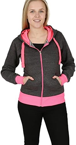 Womens Fluorescent Contrast Panel Zipup Plain hoodie Ladies Neon Panel Jacket Top