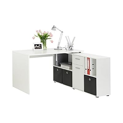 Générique FMD 353-001_we Lex Bureau Angulaire Réversible avec Quatre Compartiments Ouverts et Porte/Tiroir Bois Blanc 66,5 x 136 x 74 cm