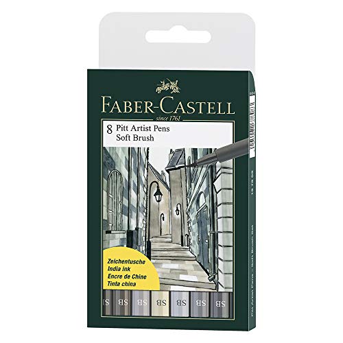 Faber-Castell - Penne a inchiostro di china per artisti, punta morbida, colore: diverse sfumature di grigio, 8 pezzi