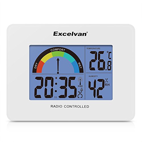 Excelvan digitaler LCD Funkwecker Funkuhr mit Thermometer Hygrometer Zeit- / Datumsanzeige Hintergrundbeleuchtung Schlummerfunktion Batteriebetrieb Weiß