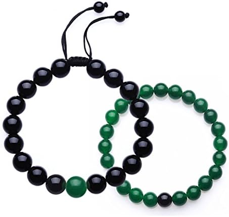 Distance Bracelets Set with Black Agate Onyx and Natural Stones for Men Women Couples Friends (green onyx)