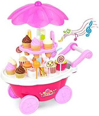Pretend Playset Mini Light Music BBQ Cart Hand Push Candy Cart for Children (Candy Cart Pink)