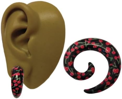 One - 10 mm - 00g - Black &amp; Red Cherries 50's Ear Taper Spiral Hanger Plug Stretcher Earring Acrylic
