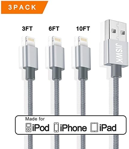 iPhone Charging Cable, JISWK 3 Pack 3ft/6ft/10ft Nylon Braided iPhone Lightning Cable for Apple charger iPhone7/7 Plus, iPhone 6/6S/6 Plus/6S Plus, iPhone 5/5S/5C/SE, iPad Mini 2 3 4 Air iPod and More (Gray)