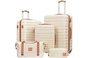 COOLIFE Set Valigie, Valigia Trolley Set di 3 Pezzi Valige rigide per Viaggiare con TSA Serratura 1 borsa da viaggio e 1 trousse da toilette, Albicocca/Bianco, Set da 5 Pezzi