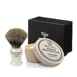 ALMOND - Taylor of Old Bonds Street Pure Badger Brush & Cream Set *Luxury Ivory brush with Almond Shaving Cream
