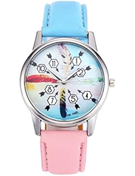 JSDDE Uhren,Modische Damen Armbanduhr Feder Pfeil Indianerstamm-Stil Quarz Uhr Blau-Pink Farbverlauf Lederband...