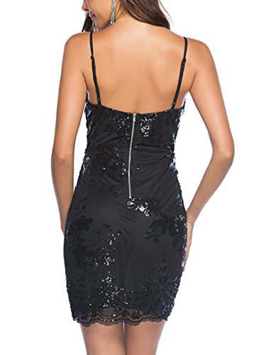 Damen Tief V Ausschnitt Ärmellos Pailletten Kleider Partykleid Knielangkleid Bodycon Minikleid / Schwarz M - 2