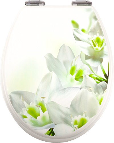 Smartfox WC-Sitz Toilettendeckel mit Absenkautomatik im Motiv weiße Lilien, massiver Holzkern, verchromte Schaniere - 2